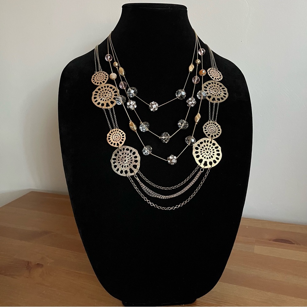 Vintage necklace triple chain disc-coin style with faceted crystal necklace.